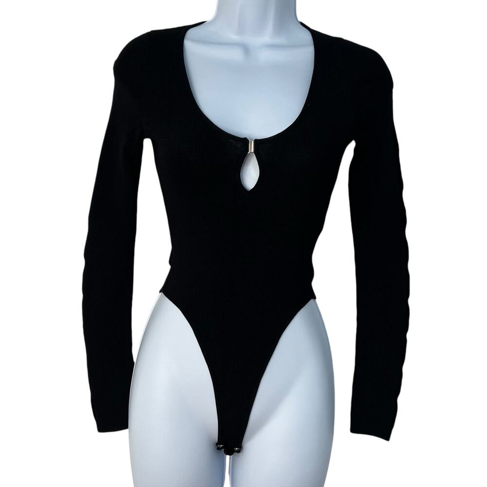 Aya Muse Womens Size XS Long Sleeve Bodysuit Black Scoop Neck Cutout Stretch